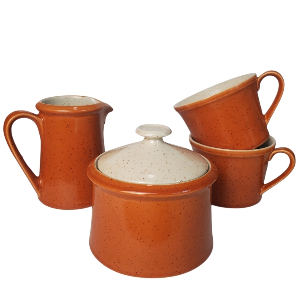 Vntg Imperial by W. Dalton "Tangerine" Stoneware Creamer, Sugar Bowl & 2 Cups